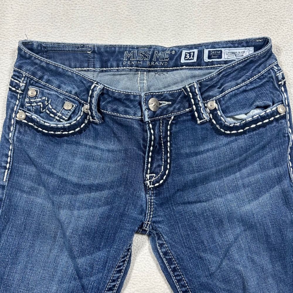 Miss Me Irene Bootcut Jeans Women 31 Blue Low Rise Y2K Whisker Contrast Stitch - Picture 2 of 11